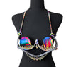 Psychedelic Prism Dream Decorated Wire Bra with swirling multicolor rainbow cups, black and white zigzag trim, and sparkling iridescent gems, displayed on a black mannequin—ideal for festivals, carnivals, and performance wear. #CarnivalMW #CarnivalReady #WireBra