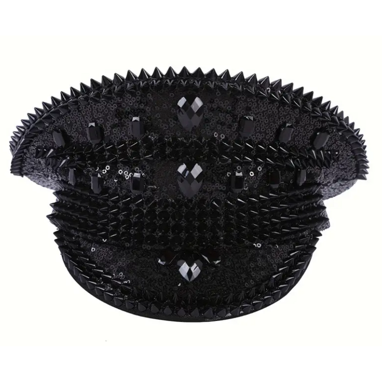 Black Punk Crown Festival Hat featuring edgy rivets and a sleek black finish, perfect for festivals, carnivals, and themed parties