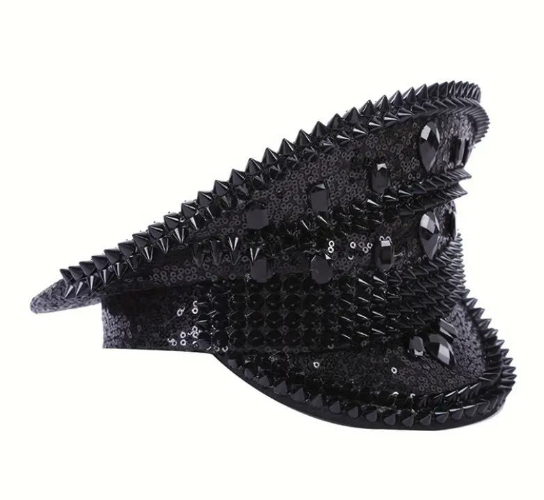 Black Punk Crown Festival Hat featuring edgy rivets and a sleek black finish, perfect for festivals, carnivals, and themed parties. Made from lightweight, 100% non-woven fabric for comfort and style. #carnivalmw