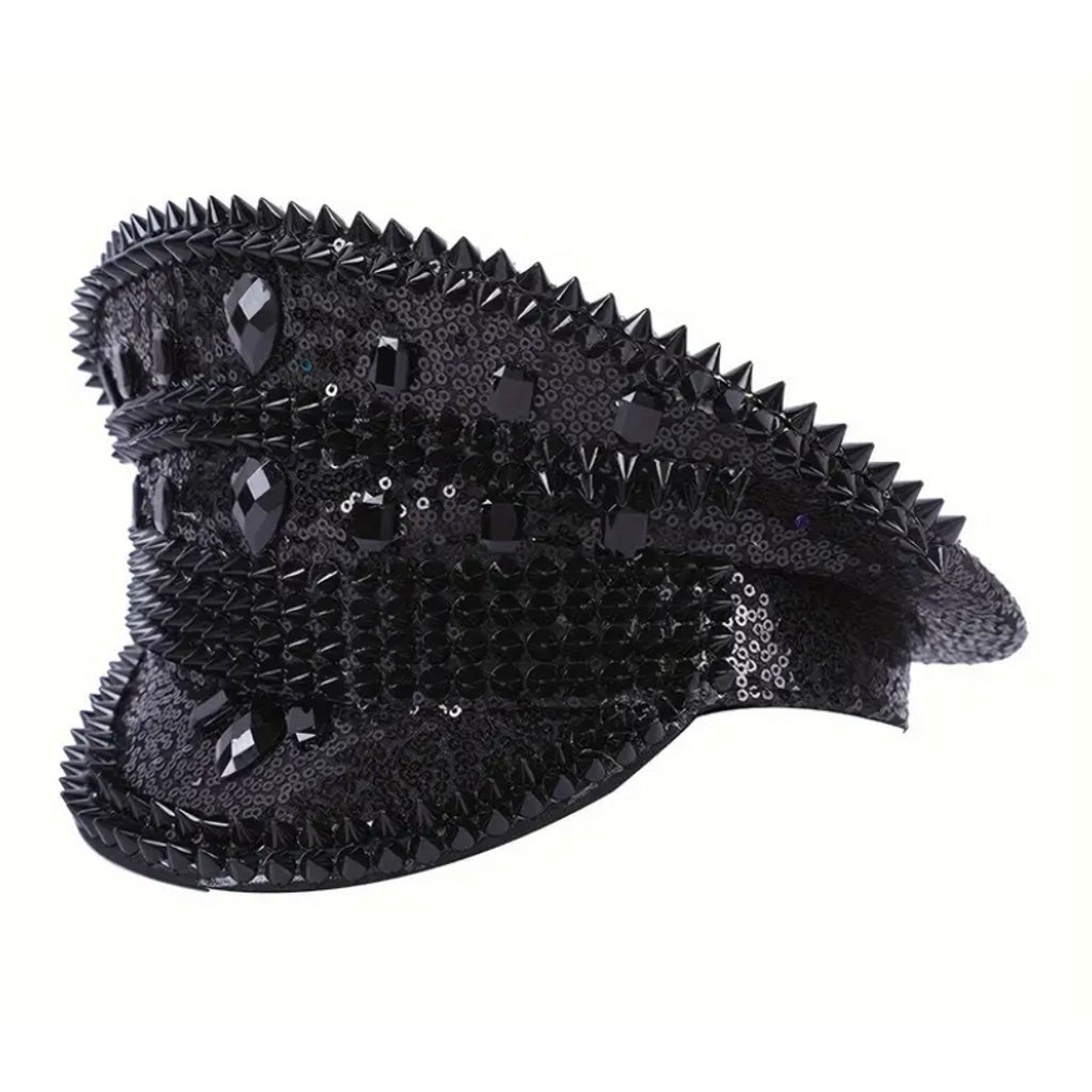 Black Punk Crown Festival Hat featuring edgy rivets and a sleek black finish, perfect for festivals, carnivals, and themed parties