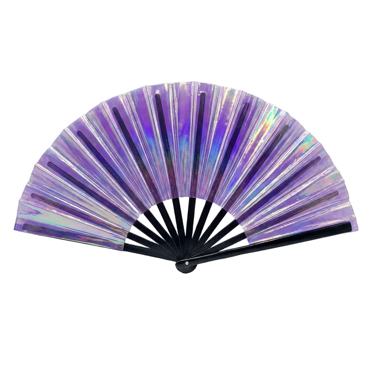 Purple Road Ready Holographic Clacker Fan — holographic clacker hand fan for making noise at fetes, jouvert, and carnival