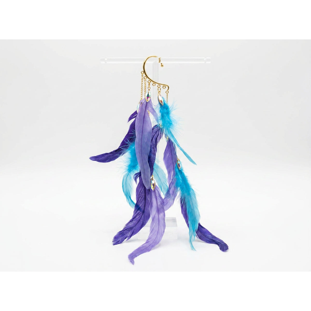 Boho Feather Ear Cuff — Purple & Turquoise Feather Crystal Earring in Gold, No Piercing Needed