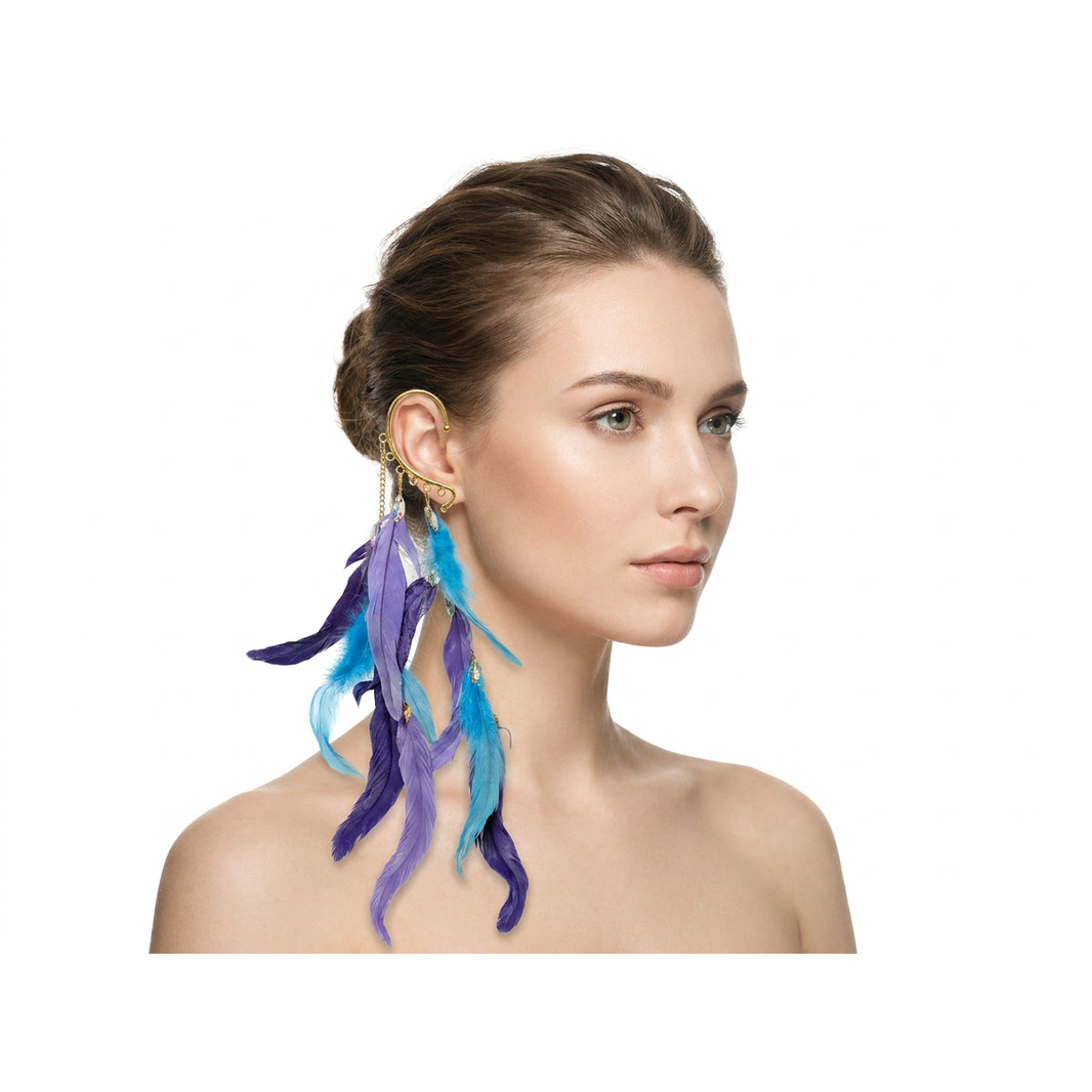 Boho Feather Ear Cuff — Purple & Turquoise Feather Crystal Earring in Gold, No Piercing Needed