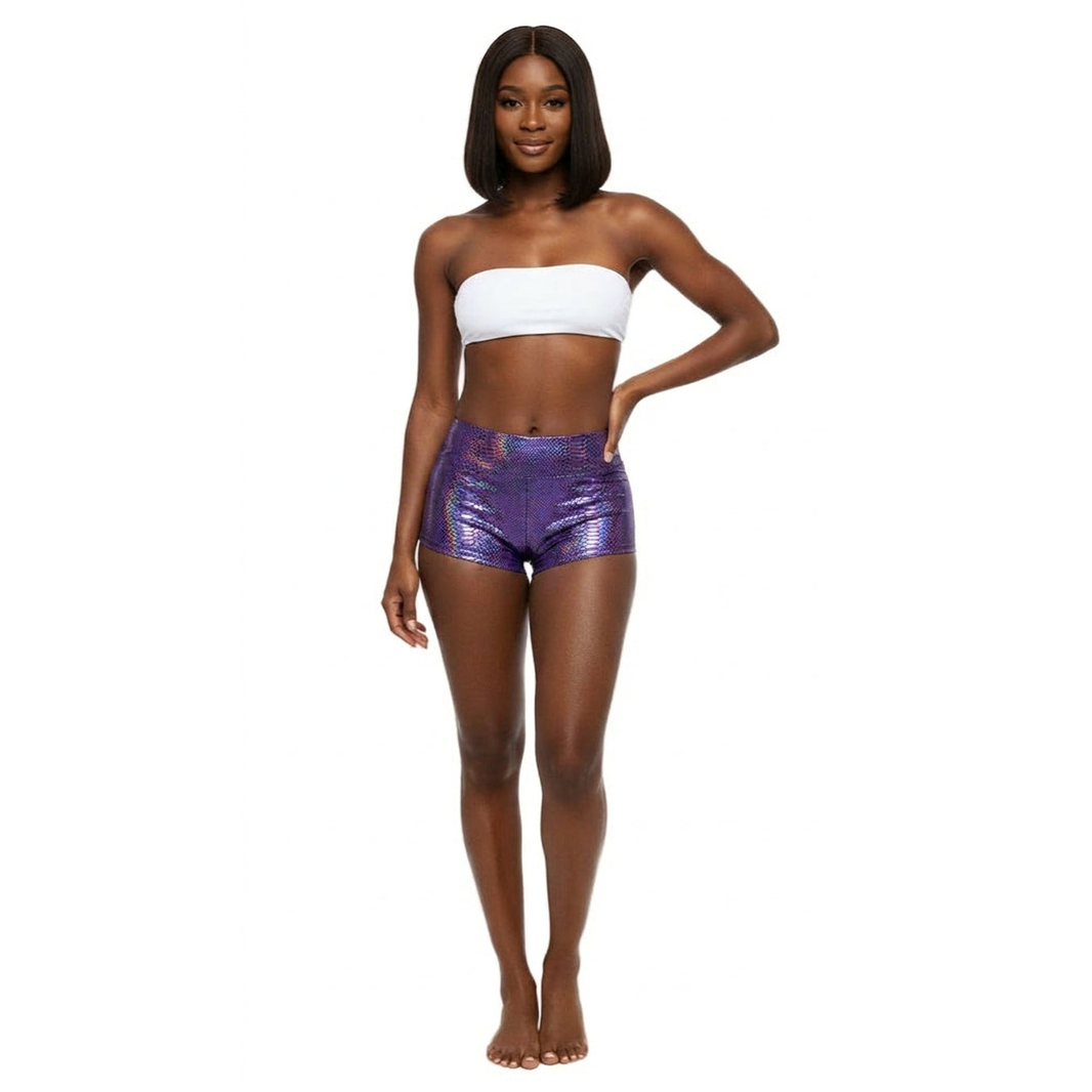 Purple Holographic Carnival Cheekies Hot Shorts — shimmering holographic booty shorts for carnival, jouvert, fetes, and festivals