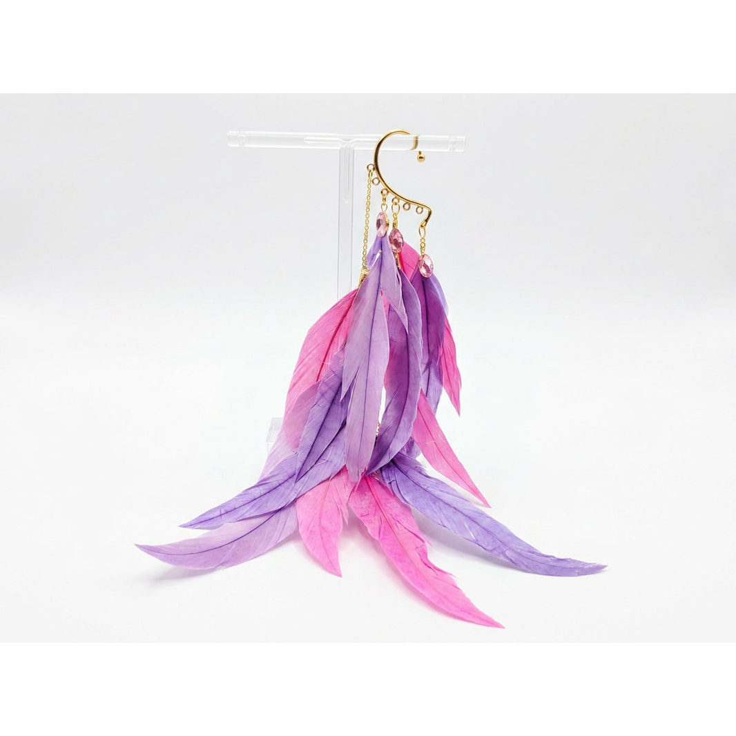 Boho Feather Ear Cuff — Lilac & Orchid Pink Feather Crystal Earring in Gold, No Piercing Needed