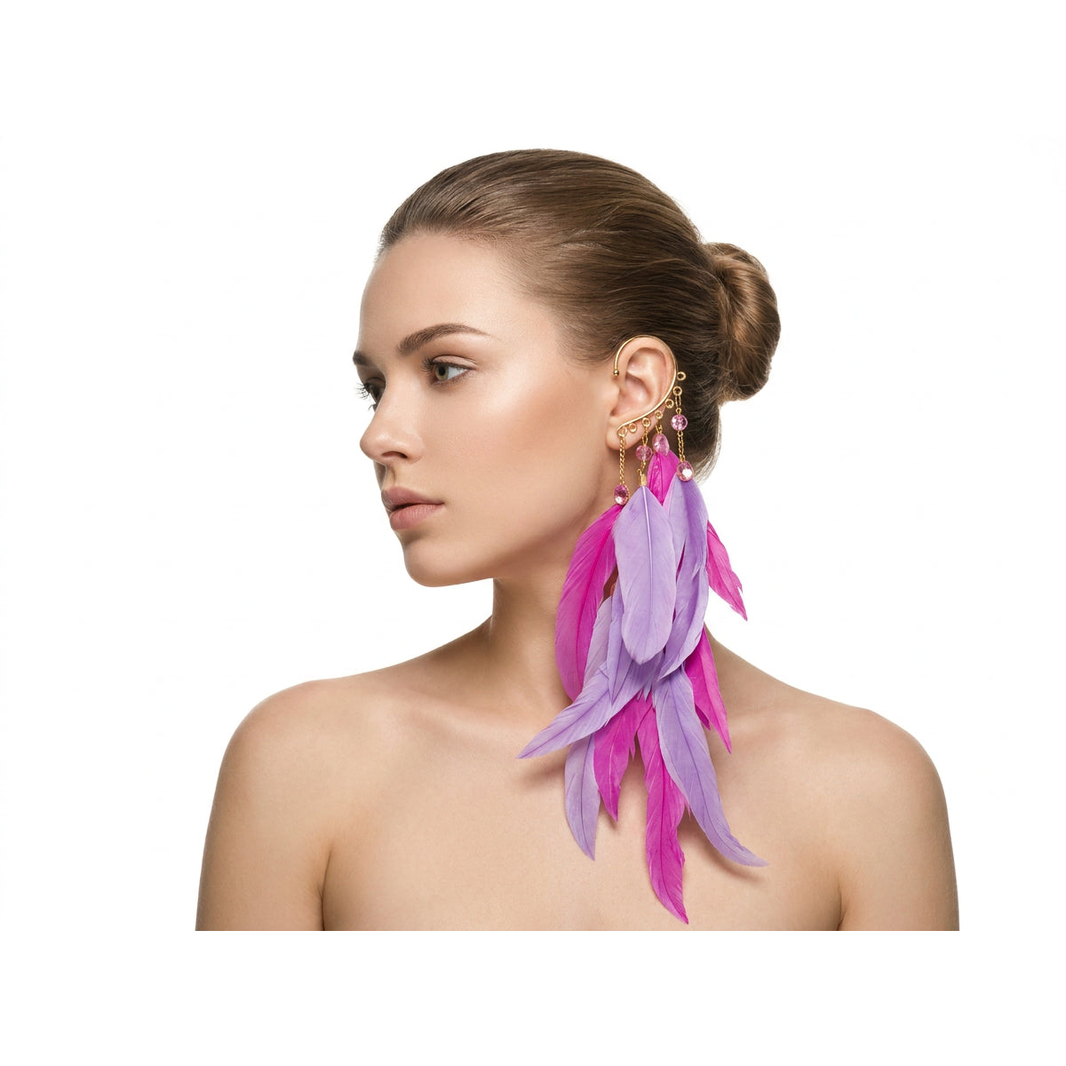 Boho Feather Ear Cuff — Lilac & Orchid Pink Feather Crystal Earring in Gold, No Piercing Needed