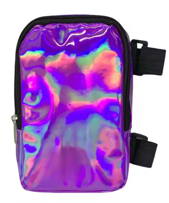 A dazzling holographic thigh bag with adjustable straps, made from high-quality PU leather. Features multiple compartments, a zipper closure, and a waterproof design, perfect for carnivals and festivals. #CarnivalMW #Carnival #Mondaywear #FestivalEssentials #HoloGlamBag