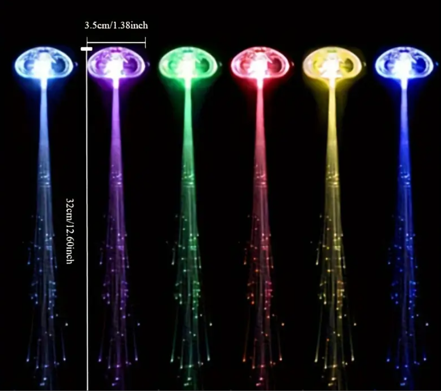 RadiantGlow LED Hair Light Clips featuring colorful fiber optic lights, crafted from durable PVC material. Powered by a non-rechargeable button battery, these clips are perfect for festivals, parties, and carnivals. #carnivalmw