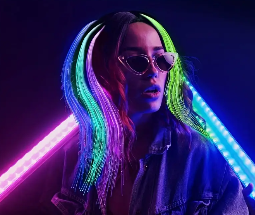 RadiantGlow LED Hair Light Clips featuring colorful fiber optic lights, crafted from durable PVC material. Powered by a non-rechargeable button battery, these clips are perfect for festivals, parties, and carnivals. #carnivalmw