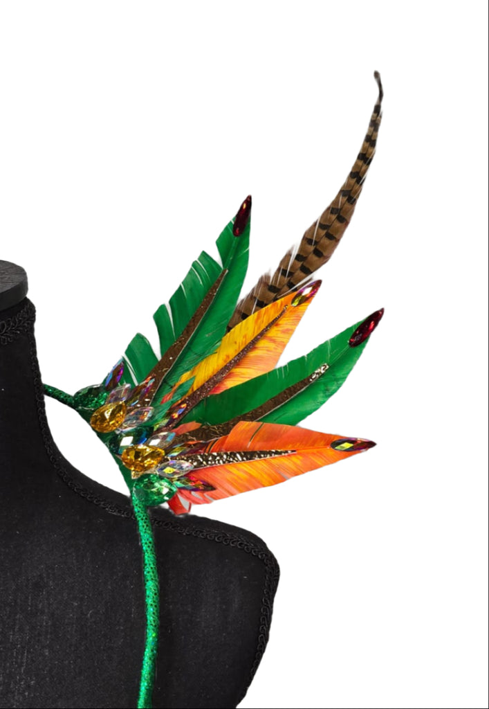Rainforest Radiance Feather Small Collar Wings featuring a vibrant mix of green, orange, yellow, and brown feathers with intricate embellishments; lightweight, adjustable, and handmade for carnival and festival wear. #CARNIVALFEATHERS #CARNIVAL #CARNIVALCOSTUMES