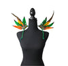 Rainforest Radiance Feather Small Collar Wings featuring a vibrant mix of green, orange, yellow, and brown feathers with intricate embellishments; lightweight, adjustable, and handmade for carnival and festival wear. #CARNIVALFEATHERS #CARNIVAL #CARNIVALCOSTUMES