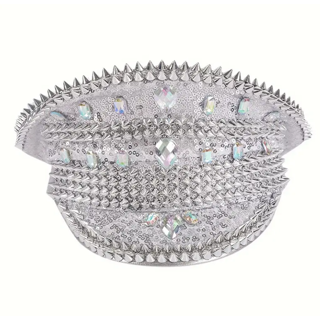 Rebel Chic Festival Hat featuring edgy rivets and a bold design, perfect for festivals, carnivals, and themed events