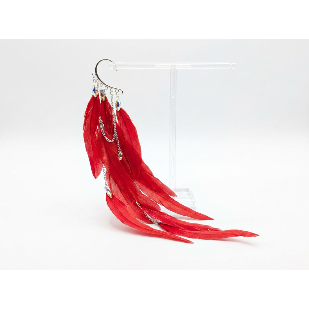 Boho Feather Ear Cuff — Scarlet Red Feather & Crystal Earring in Silver, No Piercing Needed