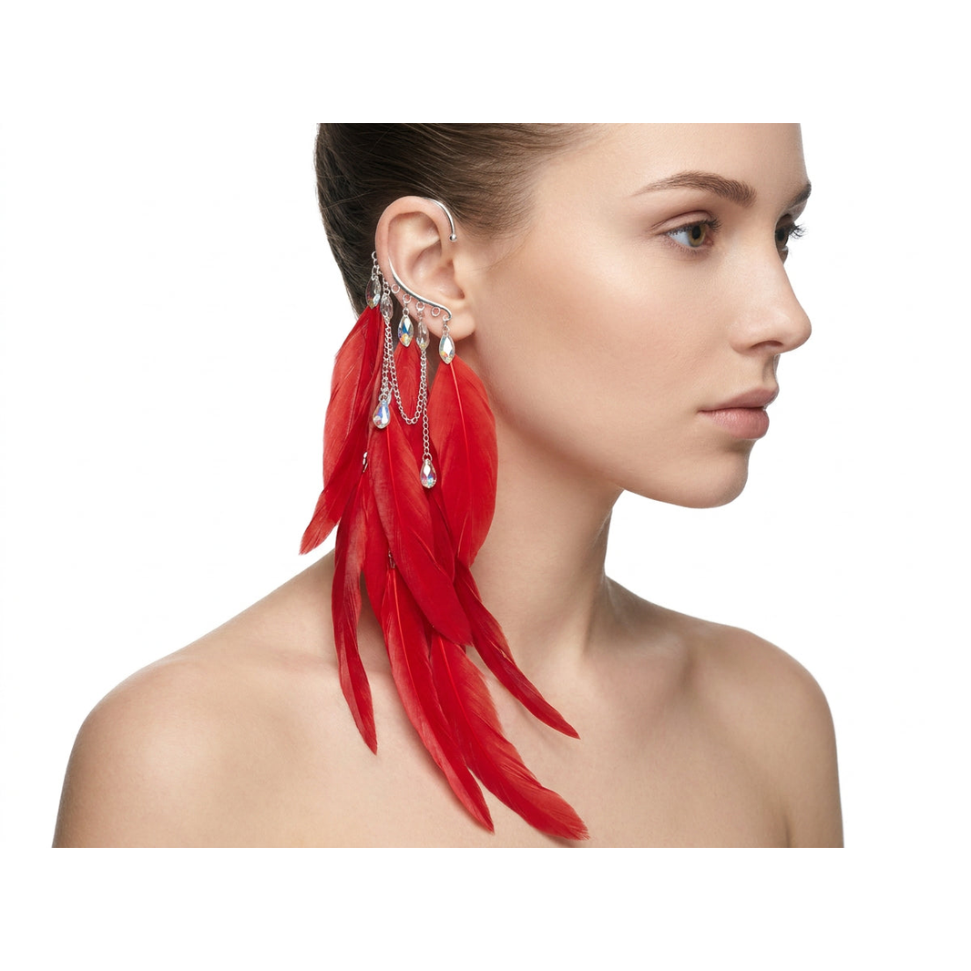 Boho Feather Ear Cuff — Scarlet Red Feather & Crystal Earring in Silver, No Piercing Needed