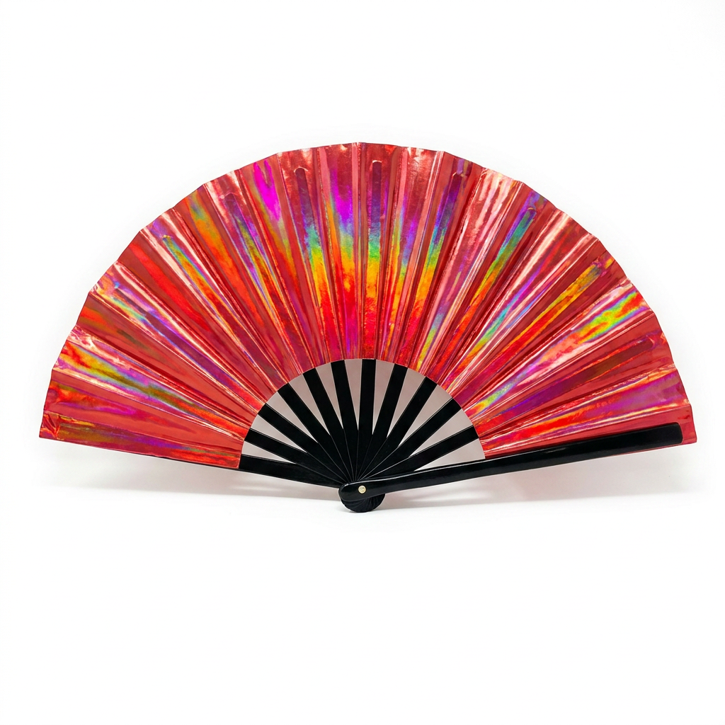 Red Road Ready Holographic Clacker Fan — holographic clacker hand fan for making noise at fetes, jouvert, and carnival