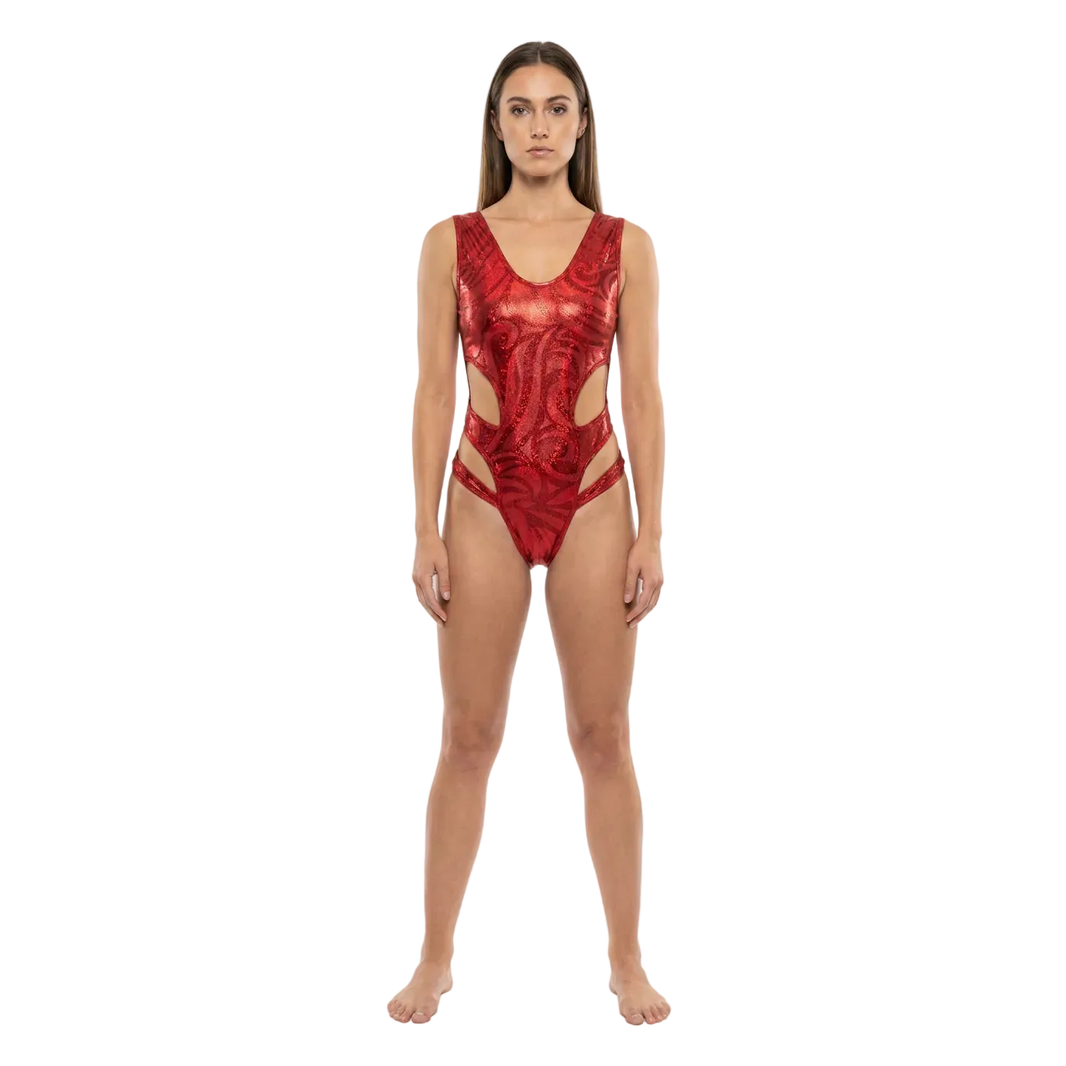 Red Metallic Swirl Cutout One-Piece Monokini Swimsuit Mondaywear — bold one-piece swimsuit for carnival Monday wear, fetes, festivals, pool, and beach