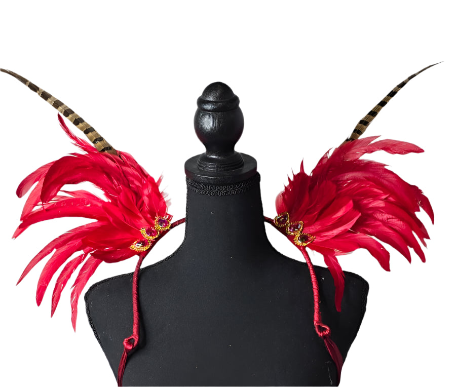 Red Carnival Feather Small Collar Wings featuring a bold blend of vibrant red and brown feathers with dramatic accents; lightweight, adjustable, and handmade for carnival and festival wear. #CARNIVALFEATHERS #CARNIVAL #CARNIVALCOSTUMES