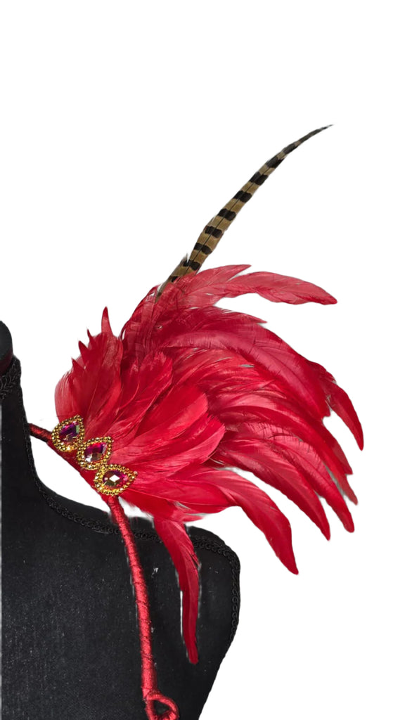 Red Carnival Feather Small Collar Wings featuring a bold blend of vibrant red and brown feathers with dramatic accents; lightweight, adjustable, and handmade for carnival and festival wear. #CARNIVALFEATHERS #CARNIVAL #CARNIVALCOSTUMES