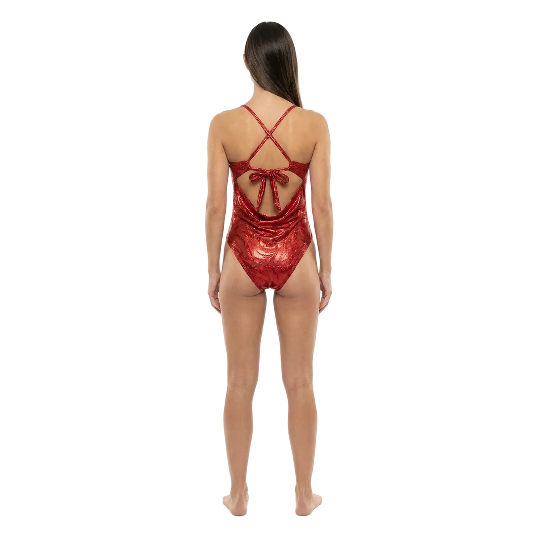 Red Metallic Swirl Cutout One-Piece Monokini Swimsuit Mondaywear — bold one-piece swimsuit for carnival Monday wear, fetes, festivals, pool, and beach
