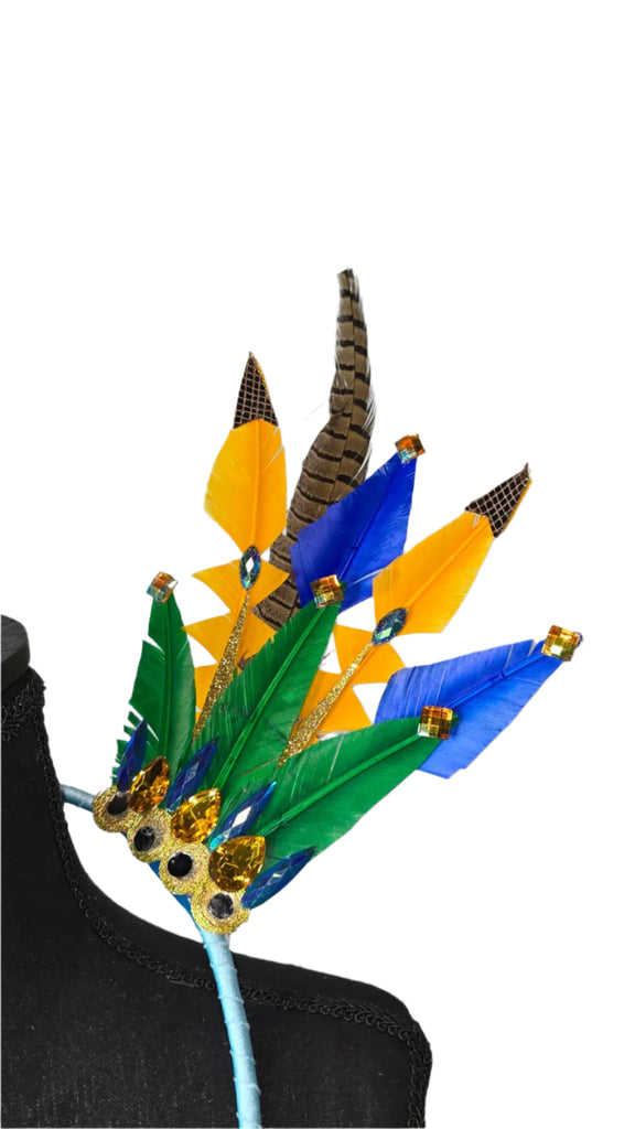 Rio Radiance Feather Small Collar Wings featuring a vibrant mix of golden yellow, blue, green, and brown feathers with sparkling embellishments; lightweight, adjustable, and handmade for carnival and festival wear. #CARNIVALFEATHERS #CARNIVAL #CARNIVALCOSTUMES