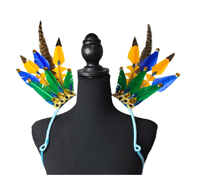Rio Radiance Feather Small Collar Wings featuring a vibrant mix of golden yellow, blue, green, and brown feathers with sparkling embellishments; lightweight, adjustable, and handmade for carnival and festival wear. #CARNIVALFEATHERS #CARNIVAL #CARNIVALCOSTUMES