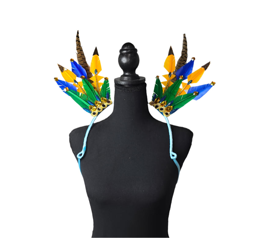 Rio Radiance Feather Small Collar Wings featuring a vibrant mix of golden yellow, blue, green, and brown feathers with sparkling embellishments; lightweight, adjustable, and handmade for carnival and festival wear. #CARNIVALFEATHERS #CARNIVAL #CARNIVALCOSTUMES

