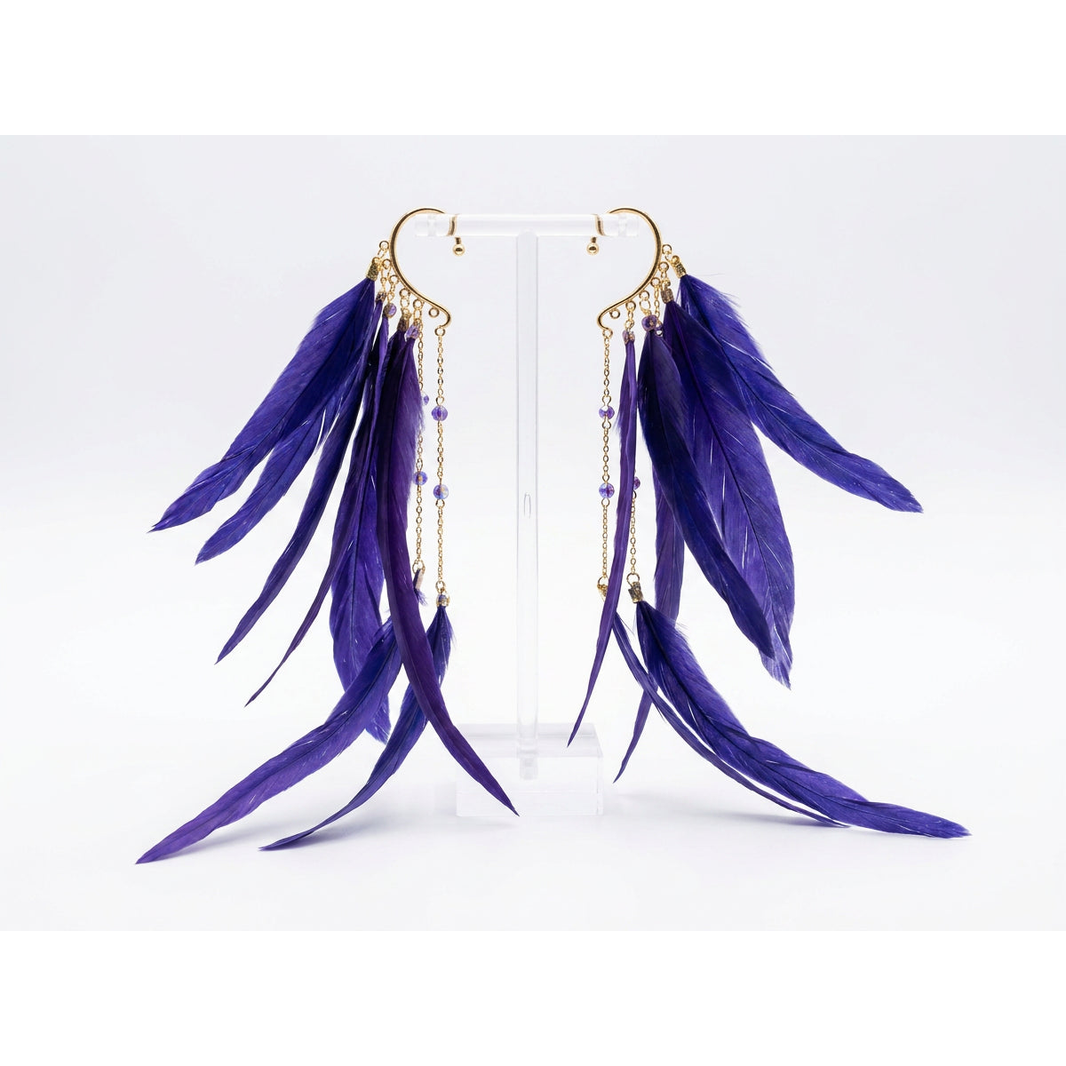 Boho Feather Ear Cuff — Indigo Feather Earring in Gold, No Piercing Needed