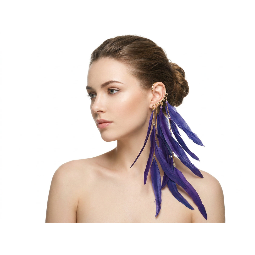 Boho Feather Ear Cuff — Indigo Feather Earring in Gold, No Piercing Needed