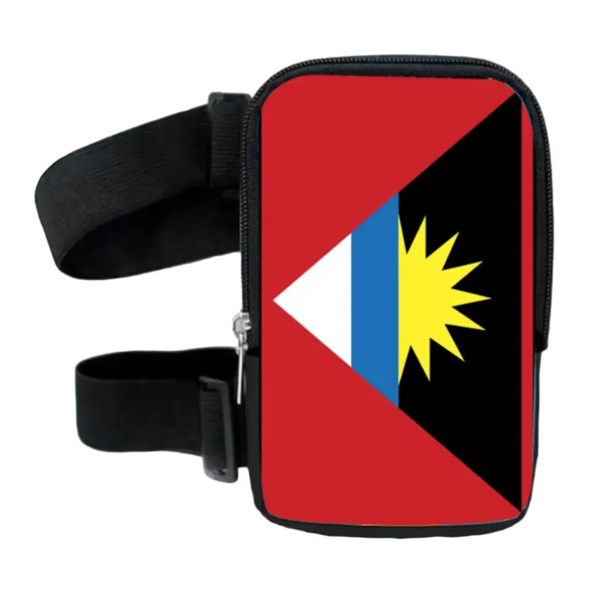 Run & Revel Caribbean Carnival adjustable thigh/leg bag in Antigua and Barbuda flag design on white background