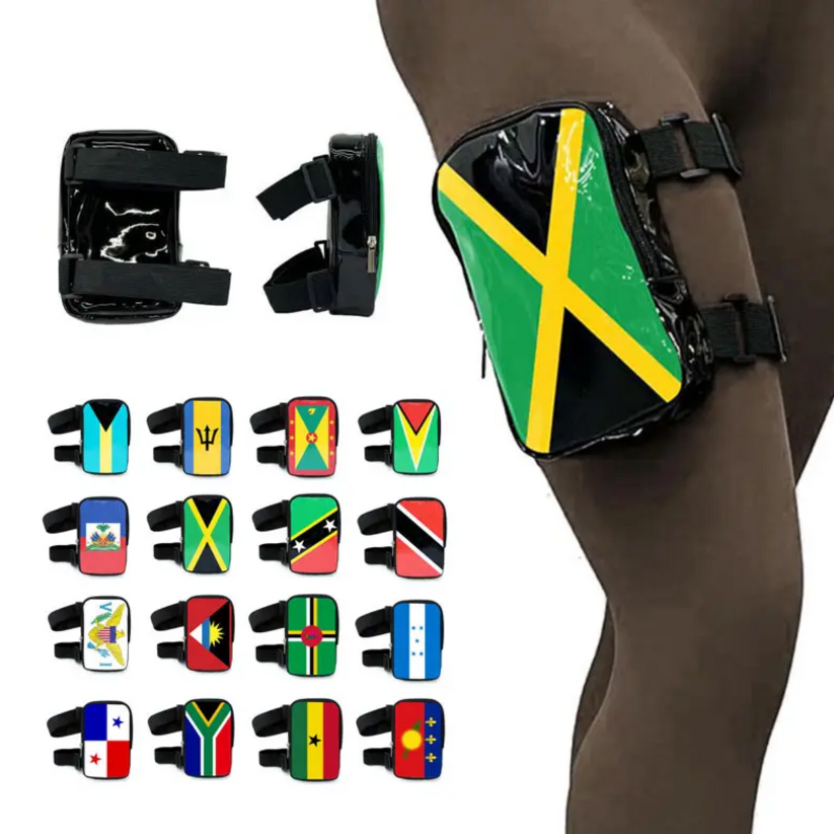 Run & Revel Caribbean Carnival Adjustable Thigh/Leg Bag - Dominica-Caribbean carnival leg bag accessory in Antigua and Barbuda flag design – Run & Revel