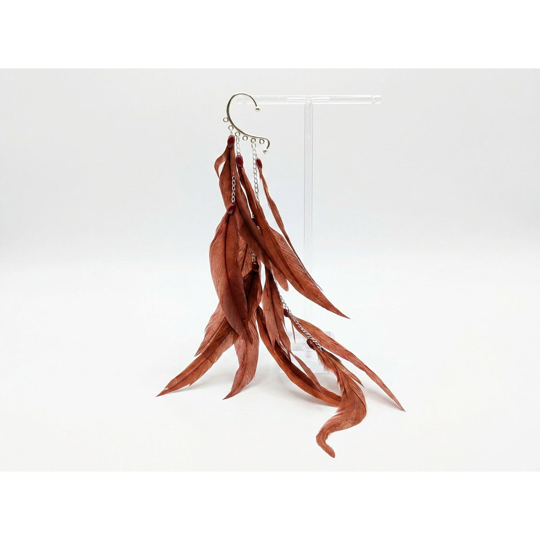 Boho Feather Ear Cuff — Terracotta Feather Earring in Silver, No Piercing Needed
