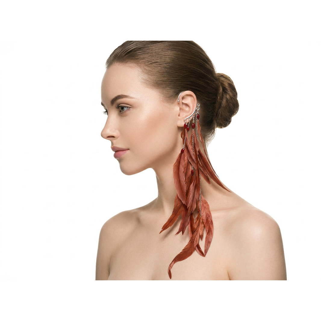 Boho Feather Ear Cuff — Terracotta Feather Earring in Silver, No Piercing Needed
