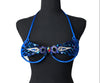 Sapphire Blaze Decorated Wire Bra featuring a vivid sapphire blue base, shimmering blue and silver gem embellishments, and radiant iridescent accents, displayed on a black mannequin—perfect for carnivals, samba dancers, and festival performances. #CarnivalMW #CarnivalReady #FestivalFashion #WireBra #SapphireBlaze #ShowgirlStyle #CustomCostumes #carnivalfeathers #carnivalcostume #carnivalbackpack #festival #festivalwear #festivallooks #carnival #mondaywear