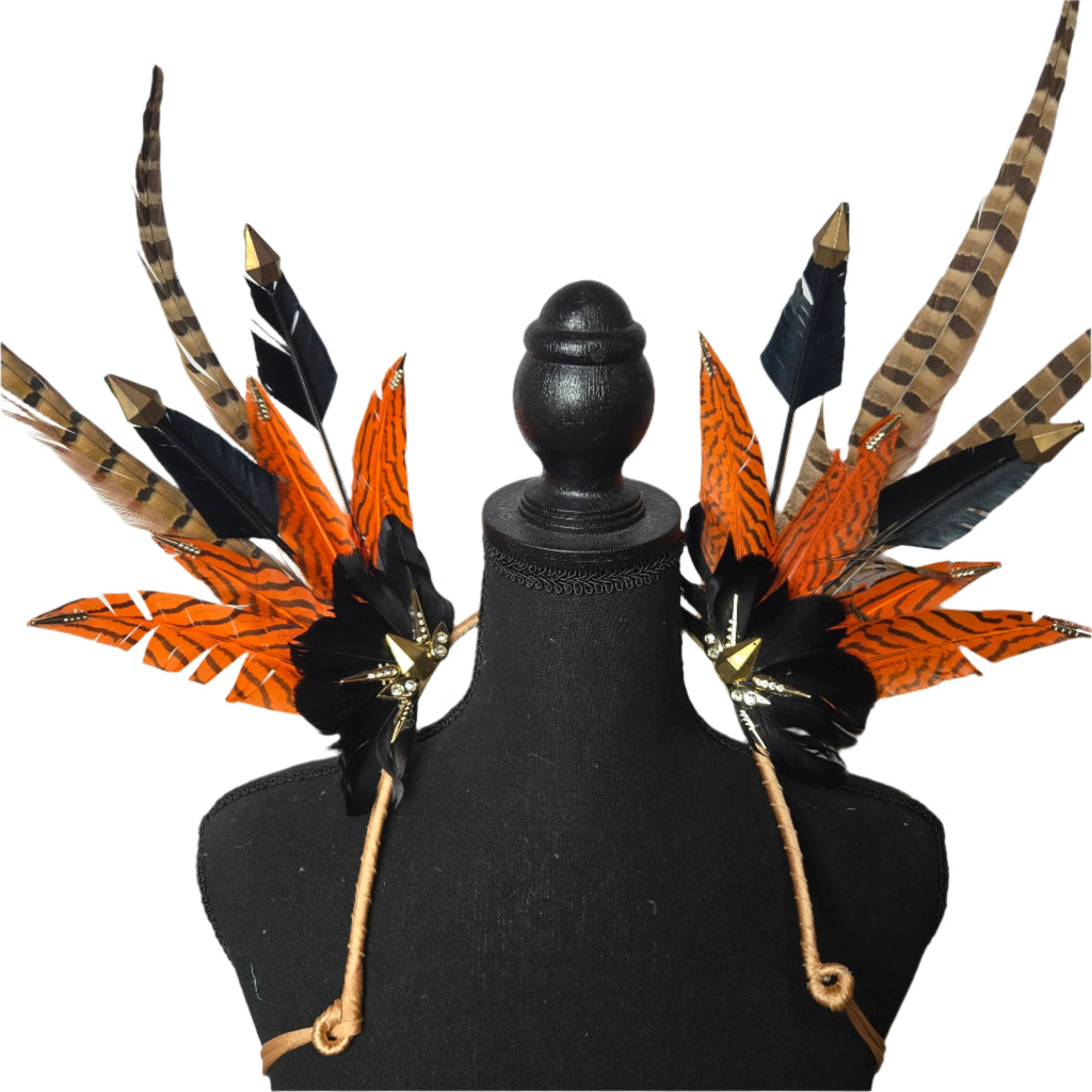 Savannah Blaze Feather Small Collar Wings featuring bold orange and black feathers with intricate gold accents. Lightweight and perfect for festivals, carnivals, and stage performances. #carnivalmw