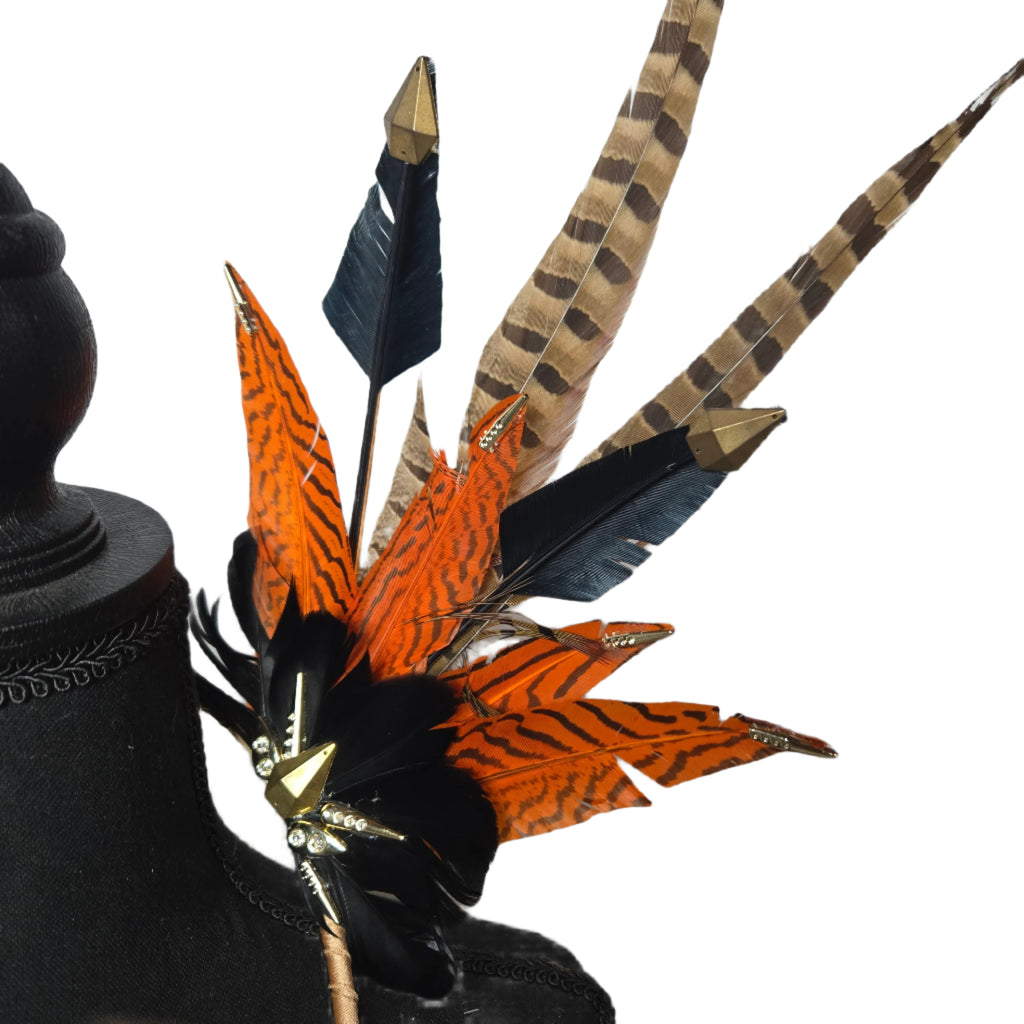 Savannah Blaze Feather Small Collar Wings featuring bold orange and black feathers with intricate gold accents. Lightweight and perfect for festivals, carnivals, and stage performances. #carnivalmw