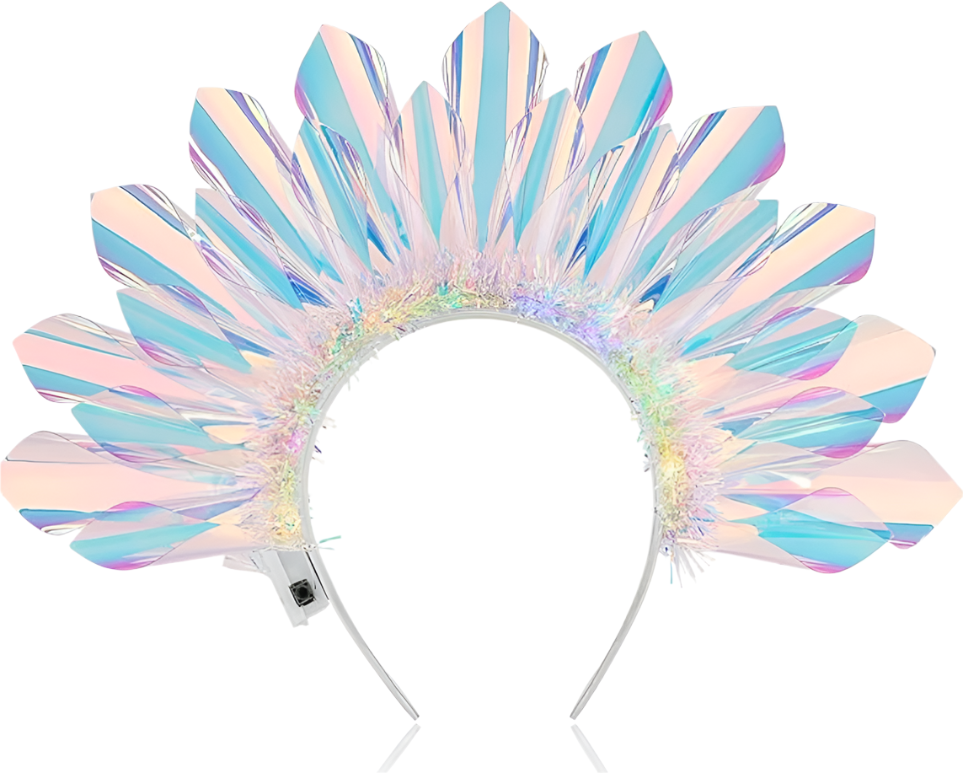ShimmerGlow LED Light-Up Crown Headband featuring a vibrant iridescent design with glowing LED lights, perfect for festivals, carnivals, and parties. Lightweight, adjustable, and durable for all-night comfort and style. #carnivalmw