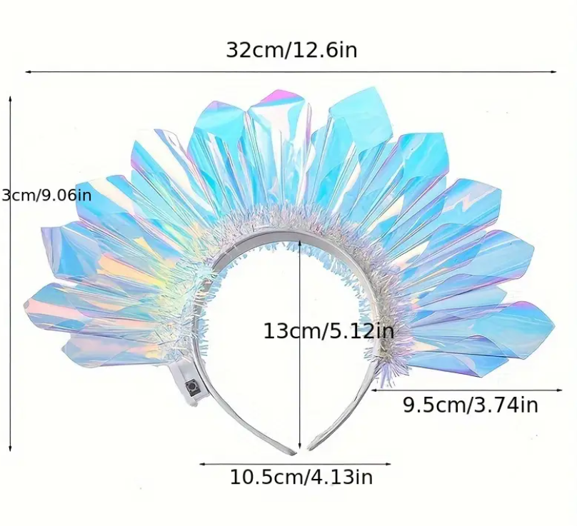 ShimmerGlow LED Light-Up Crown Headband featuring a vibrant iridescent design with glowing LED lights, perfect for festivals, carnivals, and parties. Lightweight, adjustable, and durable for all-night comfort and style. #carnivalmw