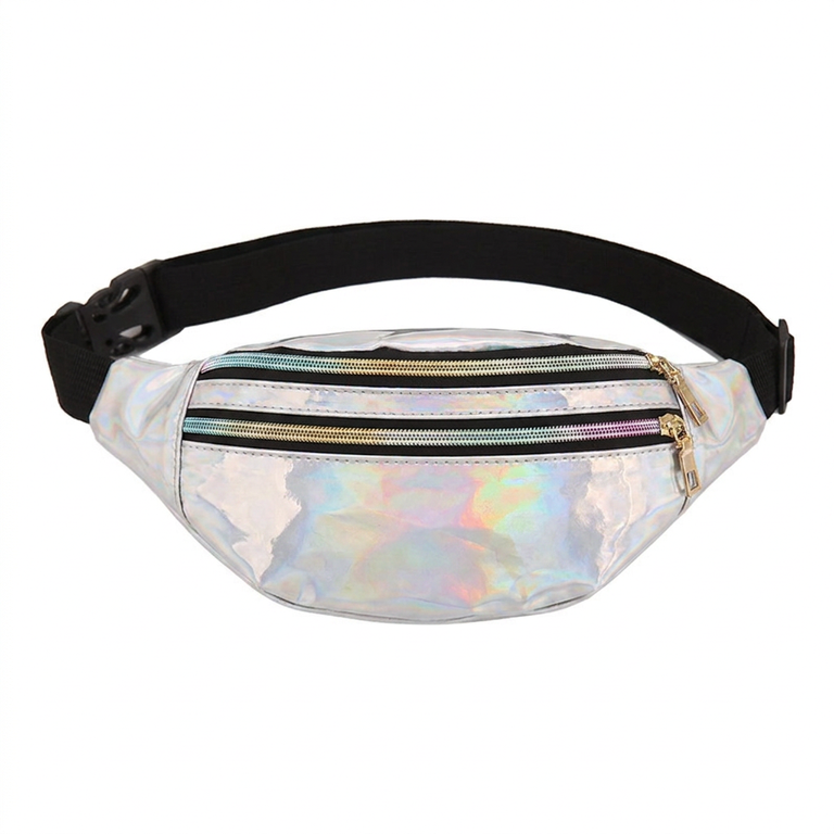 Silver Carnival Splash Chest & Waist Fanny Bag – holographic, hands-free, holds phone and essentials