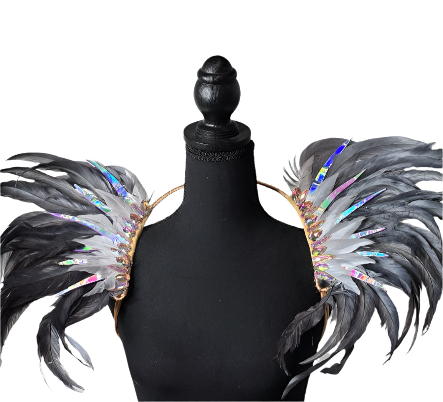 Silver Shadow Feather Small Collar Wings featuring a dramatic blend of black, silver, and iridescent feathers with sparkling embellishments; lightweight, adjustable, and handmade for carnival and festival wear. #CARNIVALFEATHERS #CARNIVAL #CARNIVALCOSTUMES
