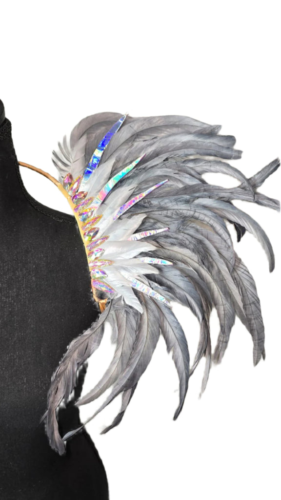 Silver Shadow Feather Small Collar Wings featuring a dramatic blend of black, silver, and iridescent feathers with sparkling embellishments; lightweight, adjustable, and handmade for carnival and festival wear. #CARNIVALFEATHERS #CARNIVAL #CARNIVALCOSTUMES