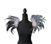 Silver Shadow Feather Small Collar Wings featuring a dramatic blend of black, silver, and iridescent feathers with sparkling embellishments; lightweight, adjustable, and handmade for carnival and festival wear. #CARNIVALFEATHERS #CARNIVAL #CARNIVALCOSTUMES