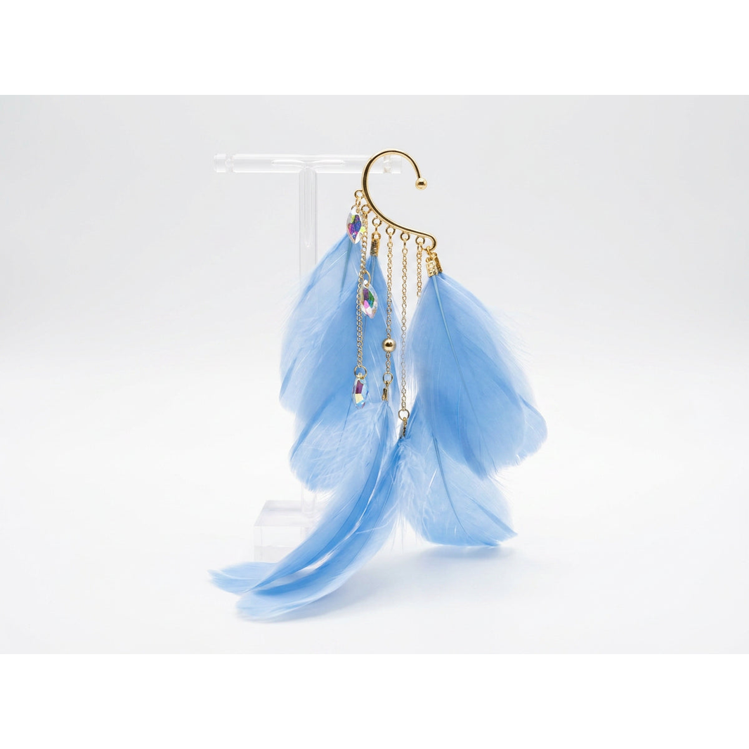 Boho Feather Ear Cuff — Sky Blue Feather & Crystal Earring in Gold, No Piercing Needed