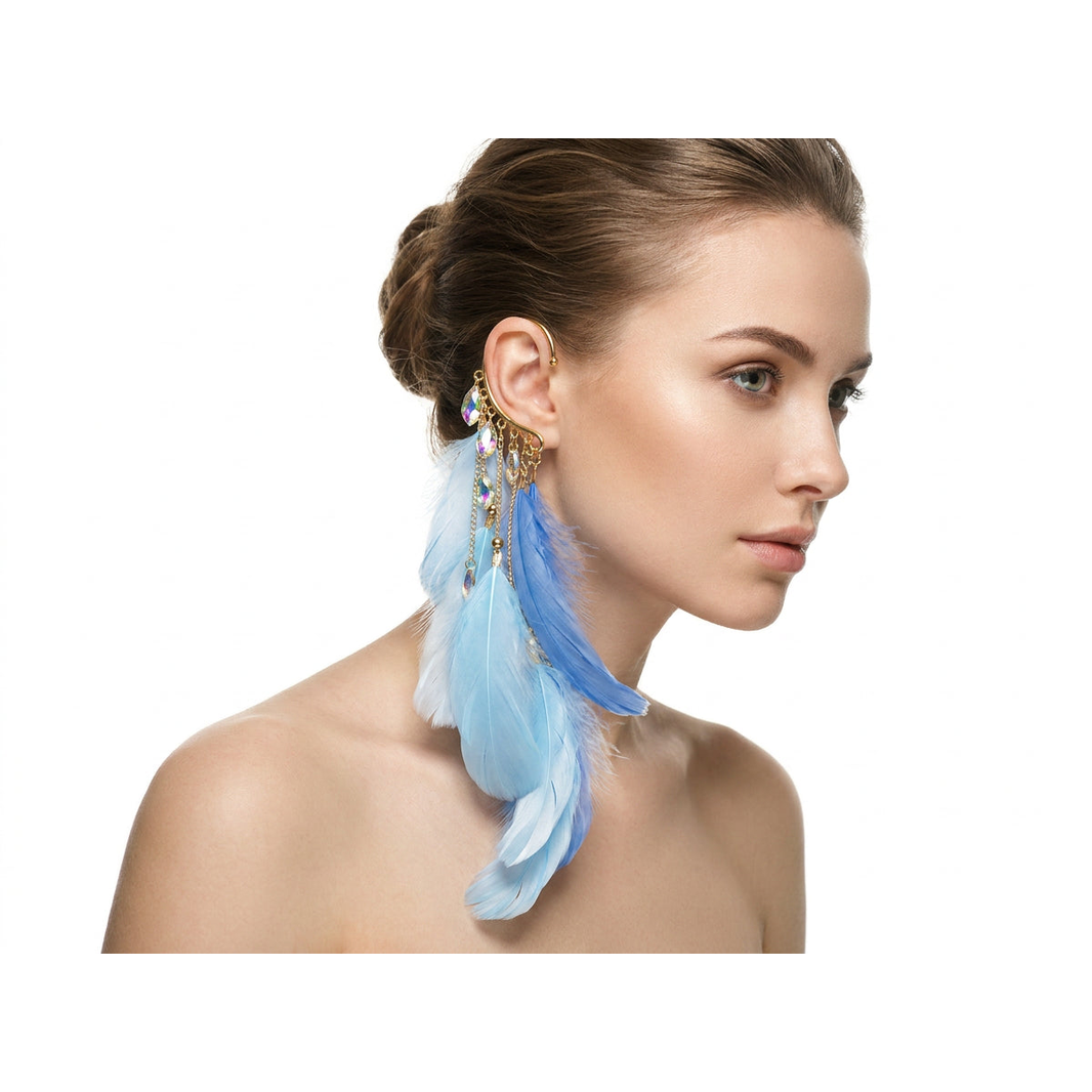 Boho Feather Ear Cuff — Sky Blue Feather & Crystal Earring in Gold, No Piercing Needed
