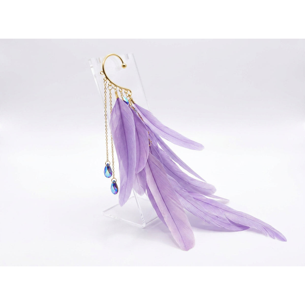 Boho Feather Ear Cuff — Lavender Feather & Iridescent Crystal Earring in Gold, No Piercing Needed