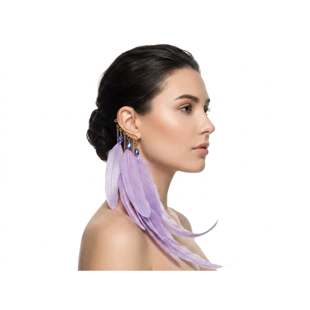 Boho Feather Ear Cuff — Lavender Feather & Iridescent Crystal Earring in Gold, No Piercing Needed