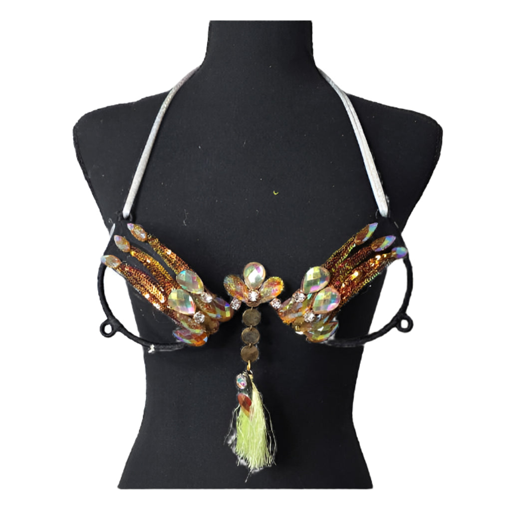 Solar Flare Dream Decorated Wire Bra featuring gold and orange sequin details, iridescent gemstone embellishments, and a central yellow tassel, displayed on a black mannequin—ideal for festivals, carnivals, and show-stopping performances