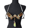 Solar Flare Dream Decorated Wire Bra featuring gold and orange sequin details, iridescent gemstone embellishments, and a central yellow tassel, displayed on a black mannequin—ideal for festivals, carnivals, and show-stopping performances. #CarnivalMW #FestivalFashion #CarnivalReady #WireBra