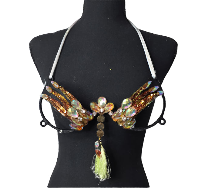 Solar Flare Dream Decorated Wire Bra featuring gold and orange sequin details, iridescent gemstone embellishments, and a central yellow tassel, displayed on a black mannequin—ideal for festivals, carnivals, and show-stopping performances. #CarnivalMW #FestivalFashion #CarnivalReady #WireBra