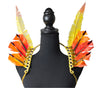Solar Flare Feather Small Collar Wings featuring a vibrant blend of orange, yellow, and peach feathers with sparkling accents; lightweight, adjustable, and handmade for carnival and festival wear. #CARNIVALFEATHERS #CARNIVAL #CARNIVALCOSTUMES