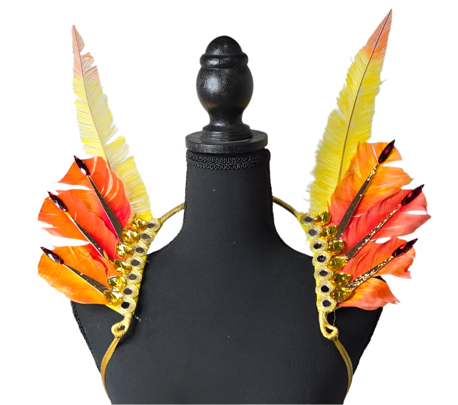 Solar Flare Feather Small Collar Wings featuring a vibrant blend of orange, yellow, and peach feathers with sparkling accents; lightweight, adjustable, and handmade for carnival and festival wear. #CARNIVALFEATHERS #CARNIVAL #CARNIVALCOSTUMES